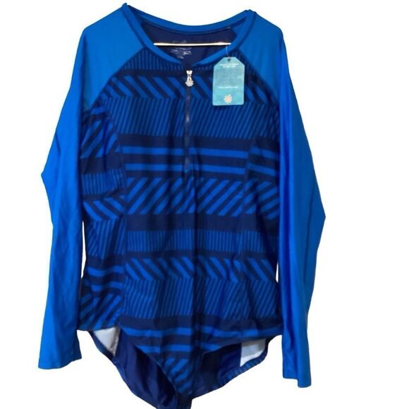 NWT Long Sleeve Half Zip Swimsuit UV Skin Blue Size 3X UPF 50+ Rash Guard - Picture 3 of 12